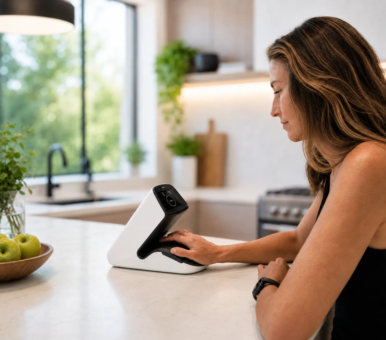 A person uses the PointCheck device on a kitchen counter at home.