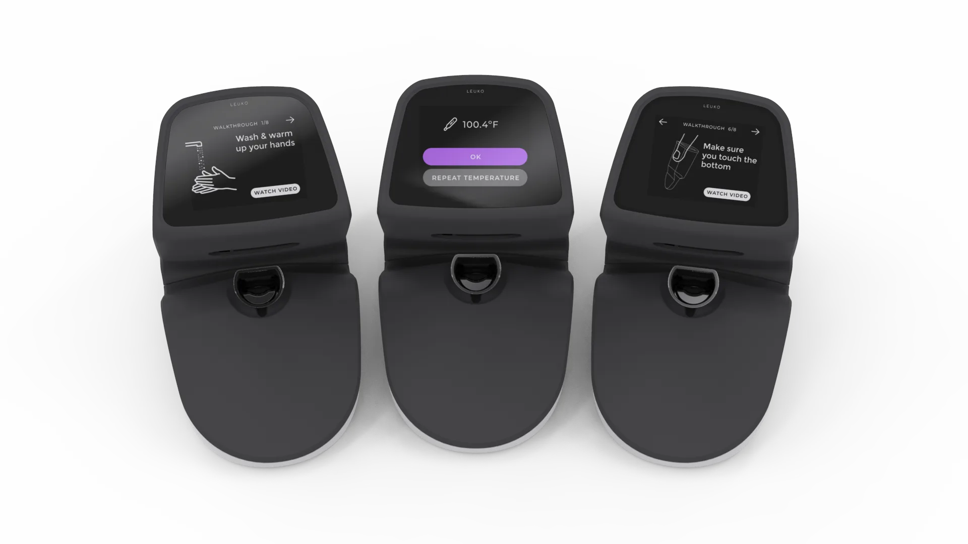 Three PointCheck devices showing in-app walkthrough screens.